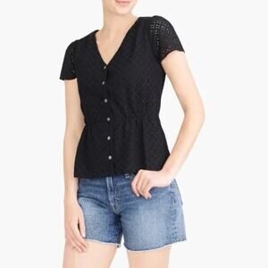 J. Crew Women's Black Eyelet Button Front Short Sleeve Peplum Top Sz 6 V Neck
